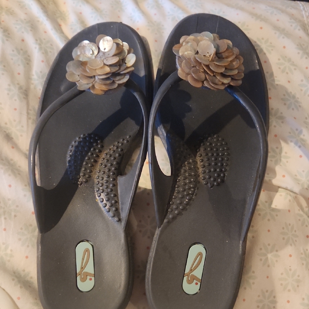 OKA b Black and Brown Sandals with Metallic Medallion